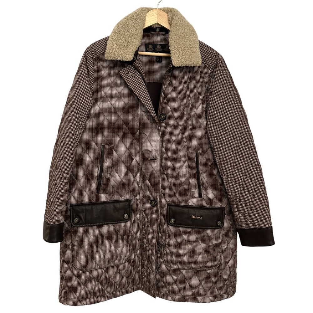 Barbour Killhope Quilt‎ Jacket Womens 14 Brown Houndstooth Excellent Sherpa